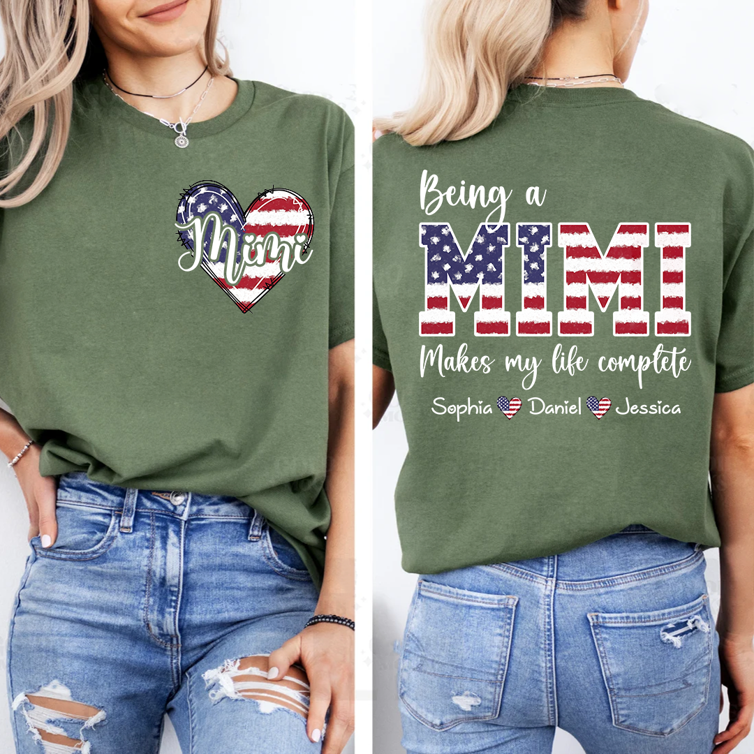 Mimi American Flag Heart Shirt, Personalized Grandma T-Shirt with Children’s Names, Gift for Mom or Nana