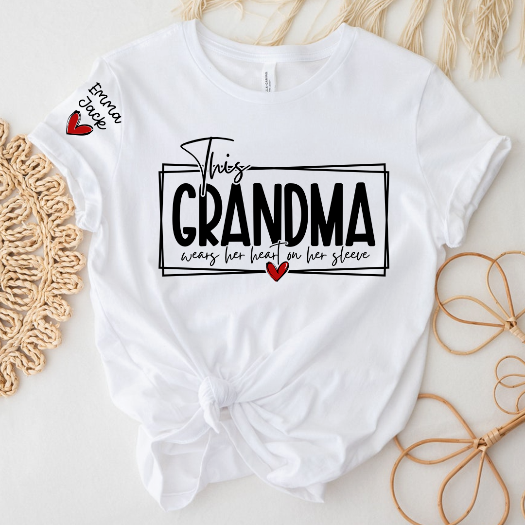 Custom Grandma Family Shirt, This Grandma Wears Her Heart Quote T Shirt