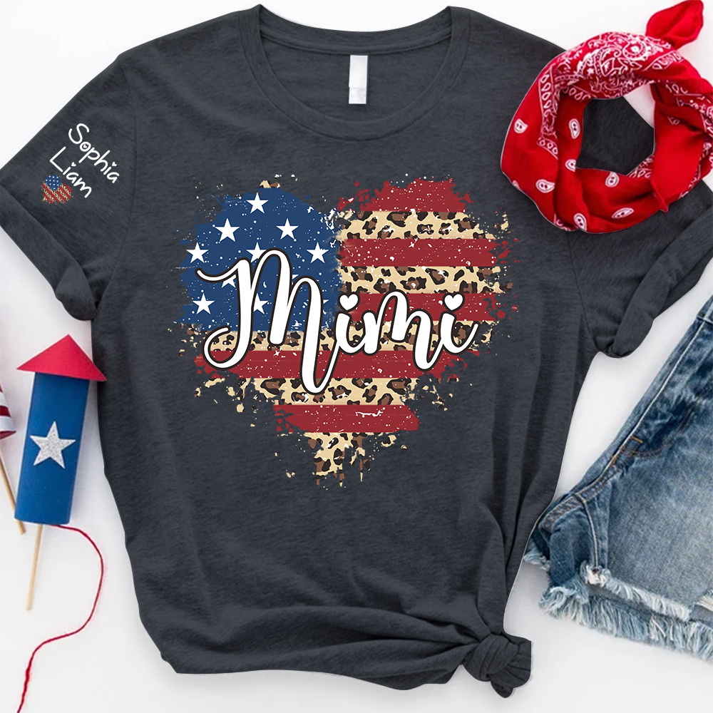 Personalized Mimi Shirt with Kids Names American Flag Heart Leopard Print Custom Grandma Mimi Tee Patriotic Family Shirt for Women