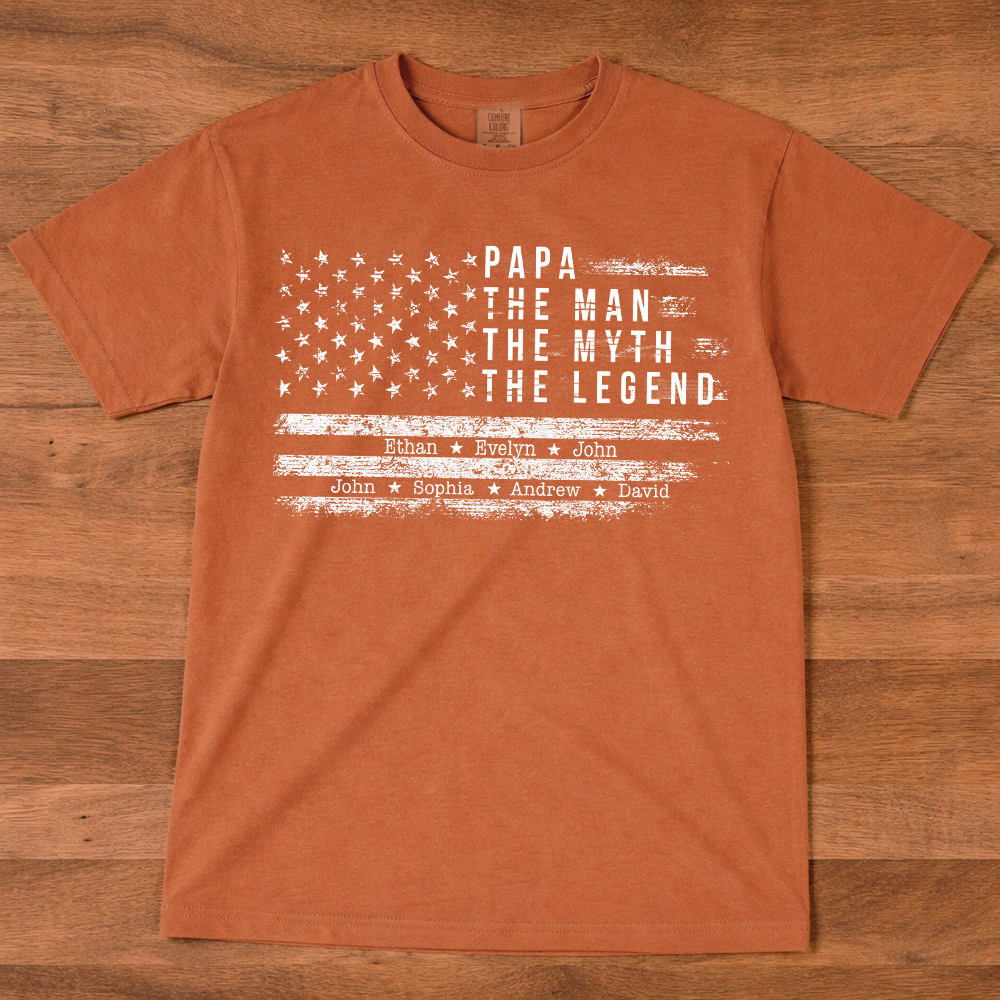 Comfort Colors Personalized Papa The Man The Myth The Legend Shirt – Custom Dad Gift with Kids Names and American Flag Design