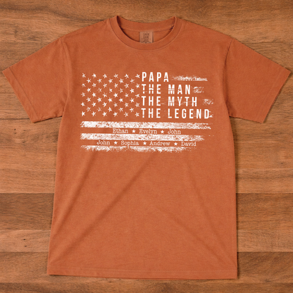 Comfort Colors Personalized Papa The Man The Myth The Legend Shirt – Custom Dad Gift with Kids Names and American Flag Design