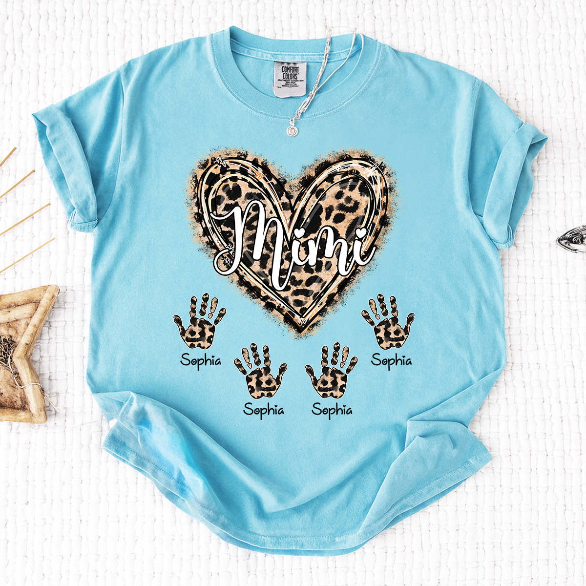 Comfort Colors Mimi Leopard Heart Shirt, Custom Handprint T Shirt with Grandkids Names, Unique Gift for Mimi, Personalized Family Shirt