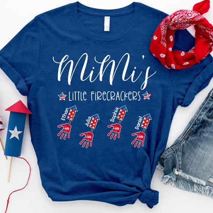 Personalized Mimi's Little Firecrackers T Shirt, Custom Grandchildren Names with Firework Handprint Design