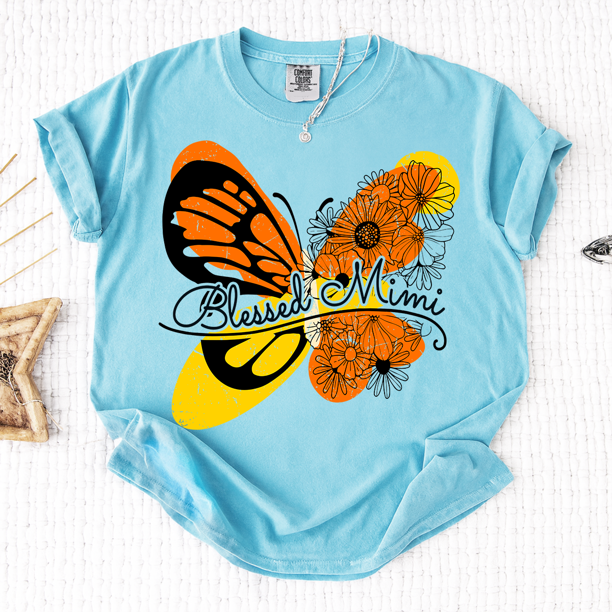 Comfort Colors Personalized Blessed Mimi Shirt with Butterfly and Floral Design, Custom Grandkids Names