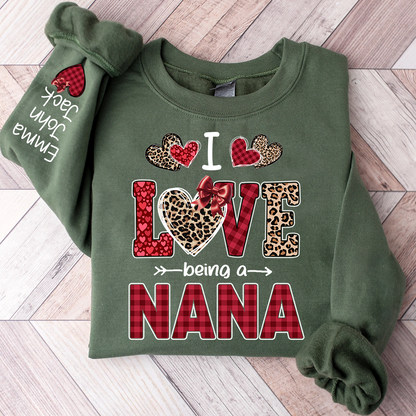 I Love Being a Nana Sweatshirt, Leopard and Plaid Heart Valentine Family Crewneck