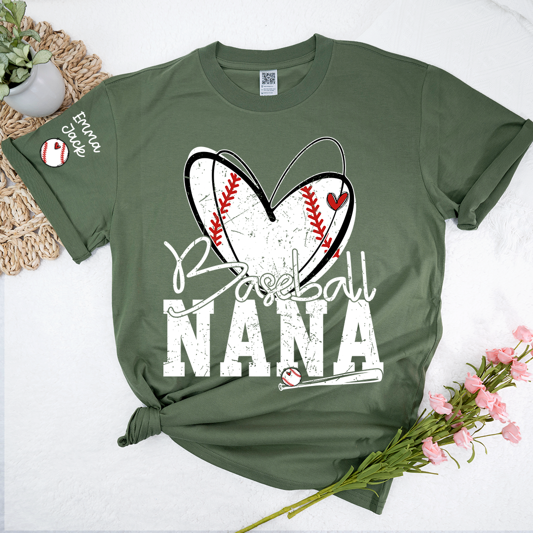 Baseball Nana Shirt, Personalized Family T Shirt with Custom Grandkids Names and Heart Design