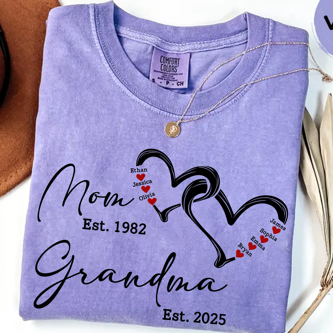 Custom Comfort Colors® Mom Est Grandma Est Hearts Kids Name