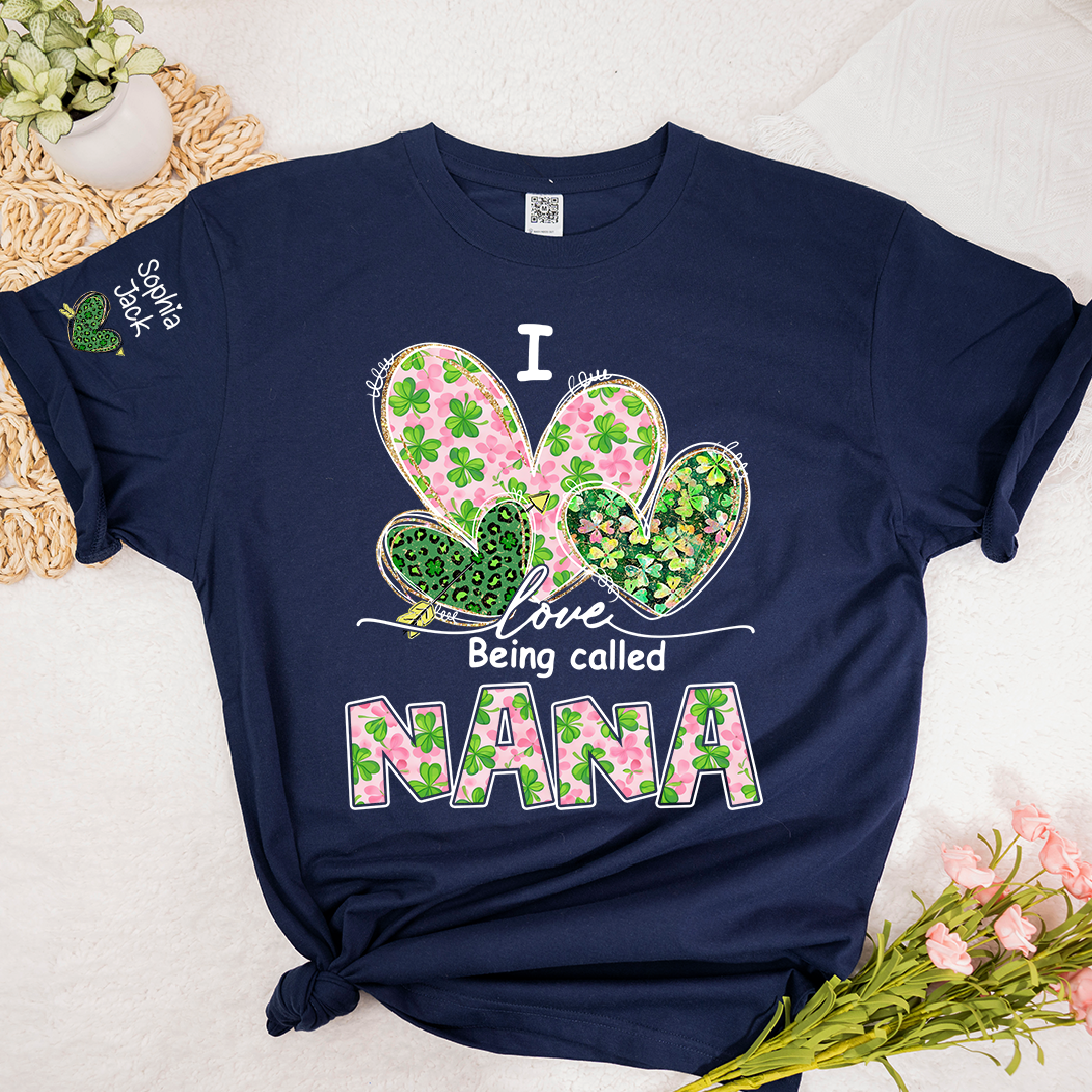 I Love Being Called Nana Shirt, St Patrick’s Day Floral Heart Family T Shirt, Gift For Grandma And Kids