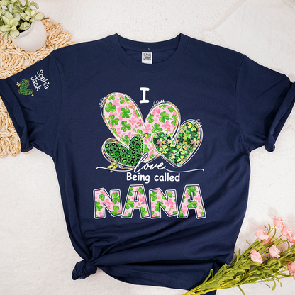 I Love Being Called Nana Shirt, St Patrick’s Day Floral Heart Family T Shirt, Gift For Grandma And Kids