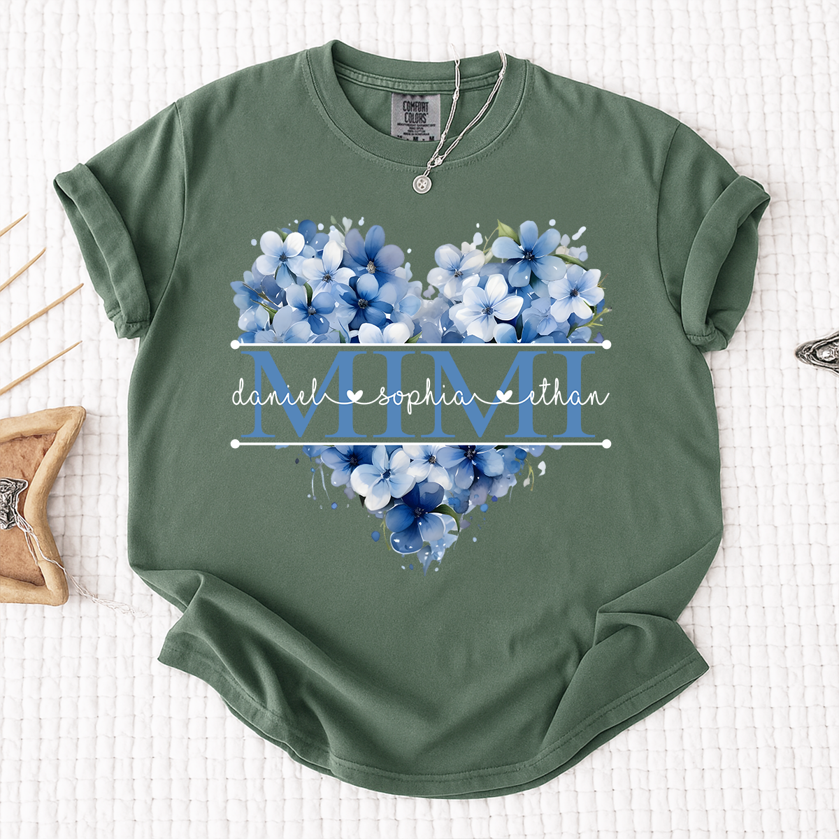 Comfort Colors Personalized Mimi Shirt with Blue Floral Heart Design, Custom Grandma Gift with Grandkids Name