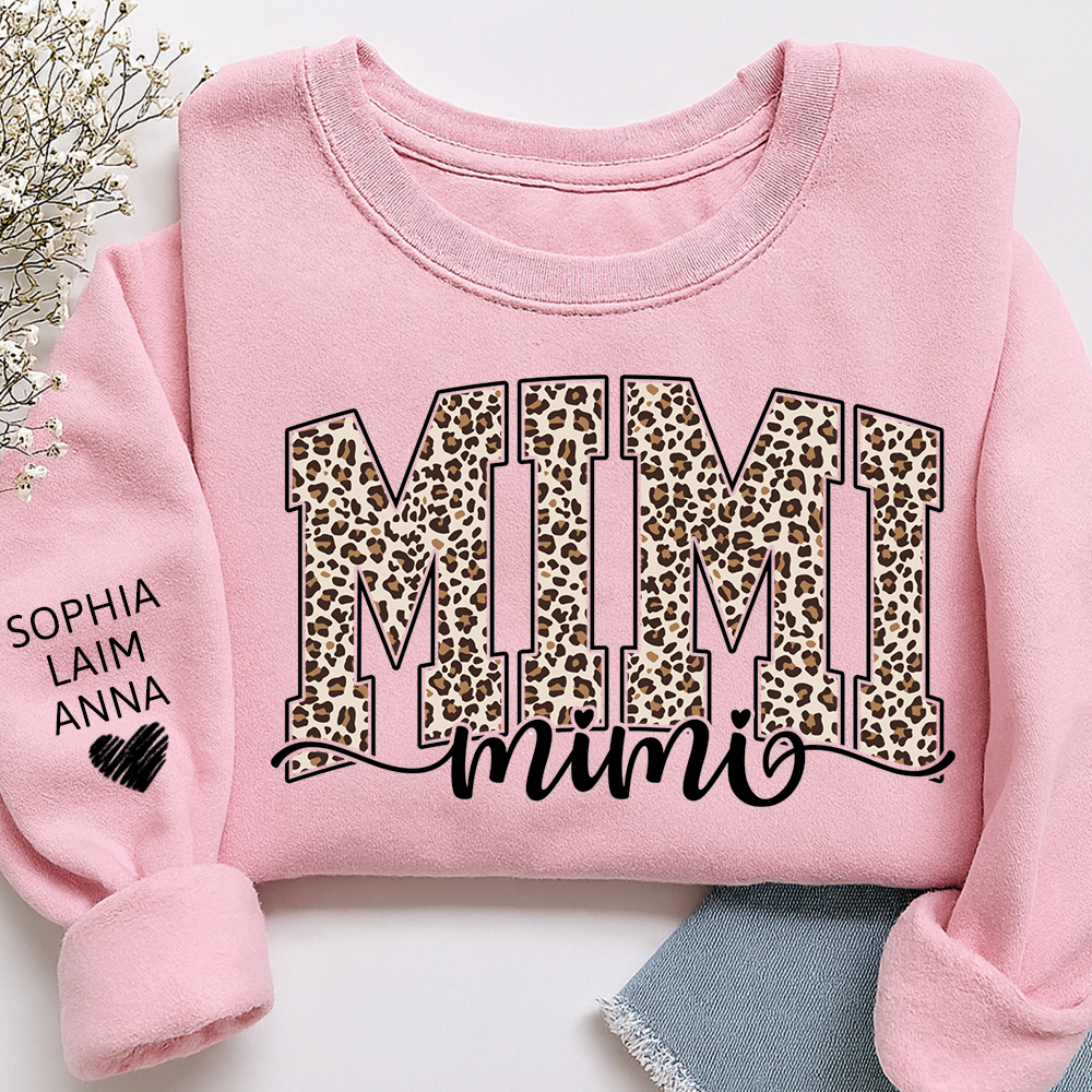 Personalized Mimi Leopard Print Sweatshirt, Custom Grandkids’ Names on Sleeve, Heart Detail