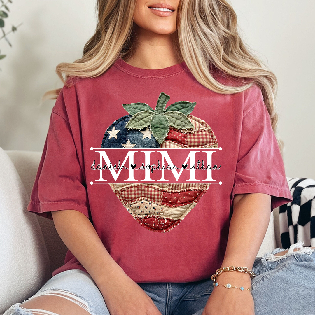Custom 4th of July Mimi Strawberry T-Shirt, Personalized Patriotic Red White Blue Tshirt