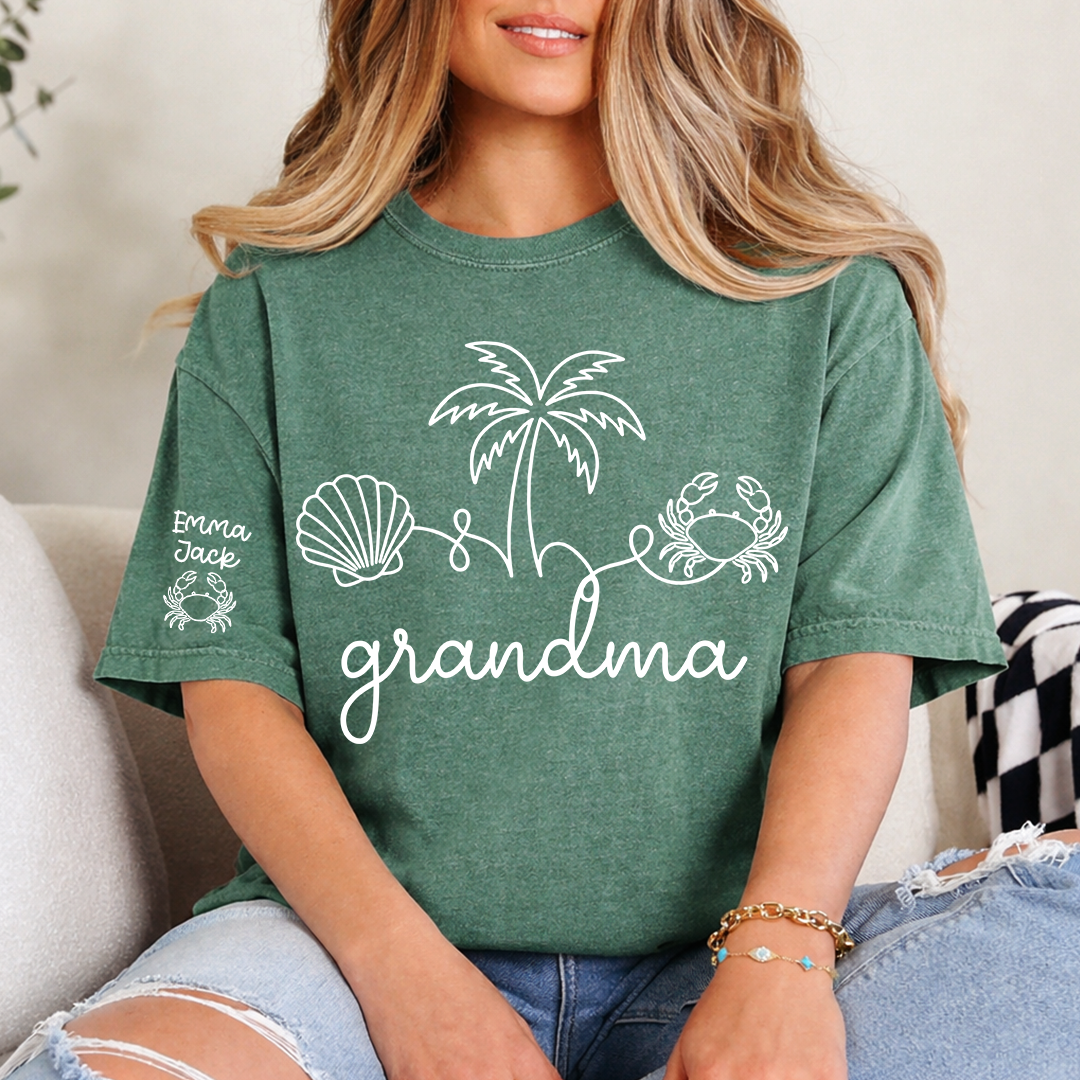 Personalized Grandma Beach Shirt, Custom Grandkids Names Sleeve Tee, Coastal Grandma T Shirt, Ocean Lover Gift for Grandma