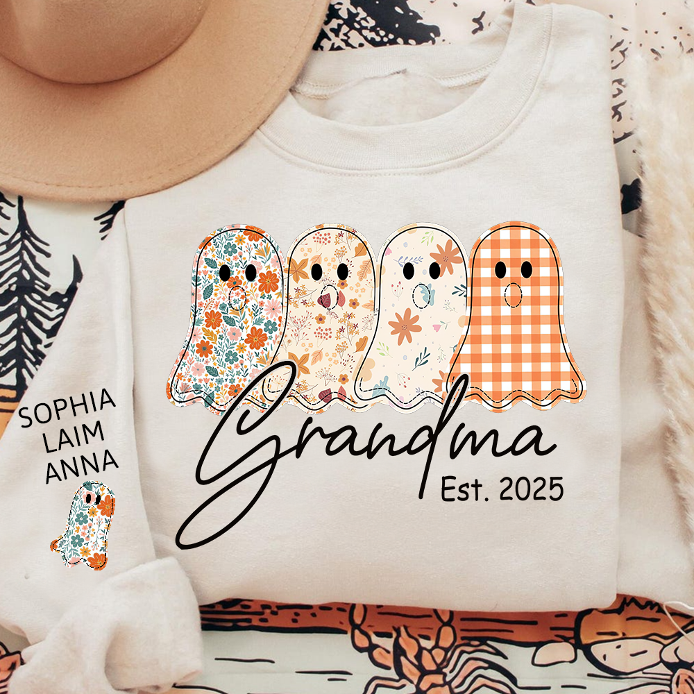 Personalized Fall Ghost sweatshirt, Custom Kids name on sleeve, For Gift Grandma