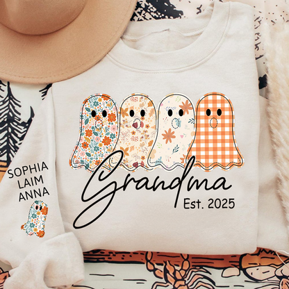 Personalized Fall Ghost sweatshirt, Custom Kids name on sleeve, For Gift Grandma