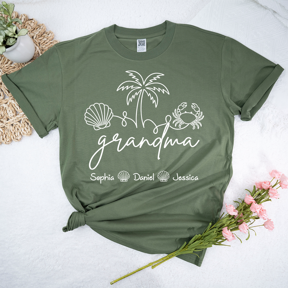Personalized Grandma Beach Shirt with Grandkids Names, Coastal Palm Tree and Seashell Tee, Custom Summer Family Gift for Grandma