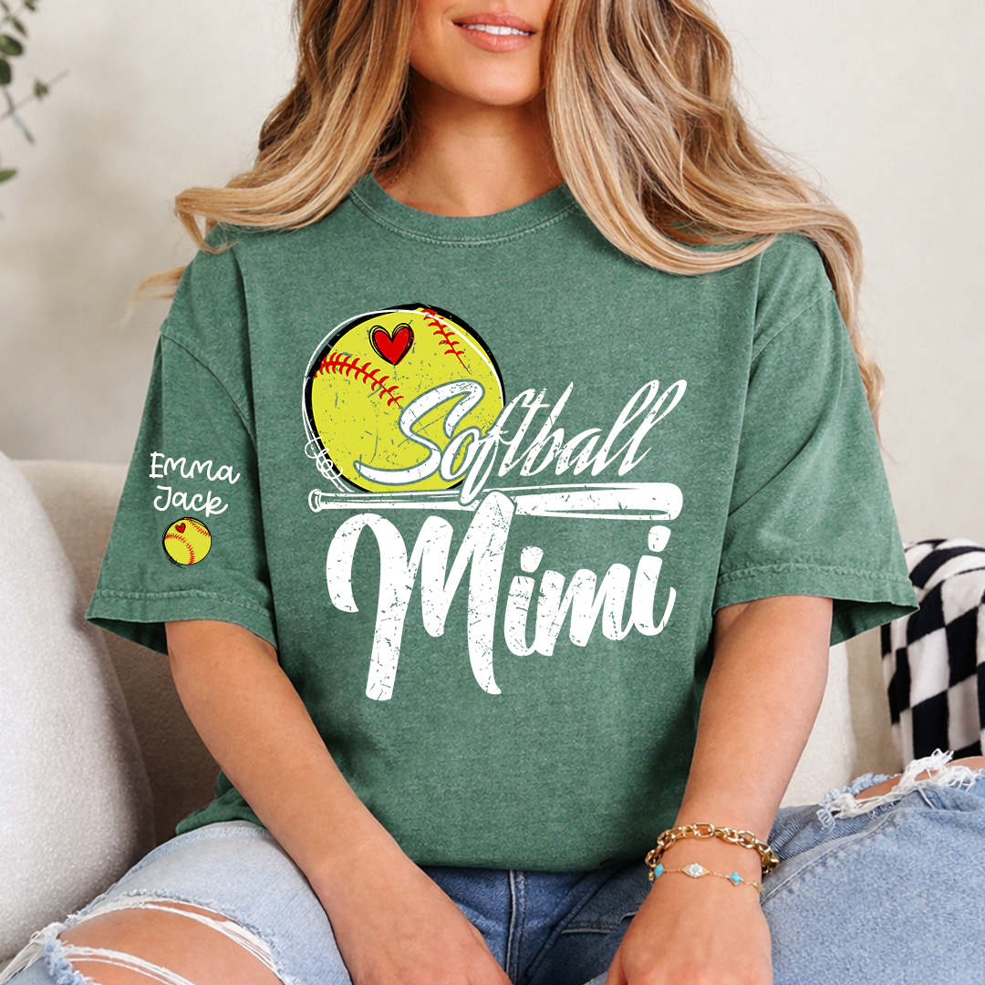 Personalized Mimi Softball Shirt, Heart and Bat Design with Custom Grandkids Names