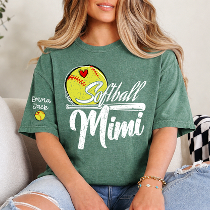Personalized Mimi Softball Shirt, Heart and Bat Design with Custom Grandkids Names