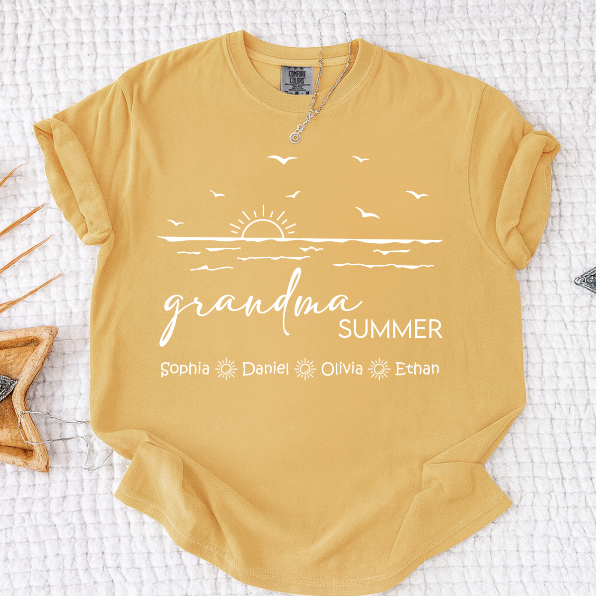 Comfort Colors Custom Name Grandma Shirt, Summer Beach Vacation Tee with Grandkids Names, Ocean Inspired Apparel for Grandma