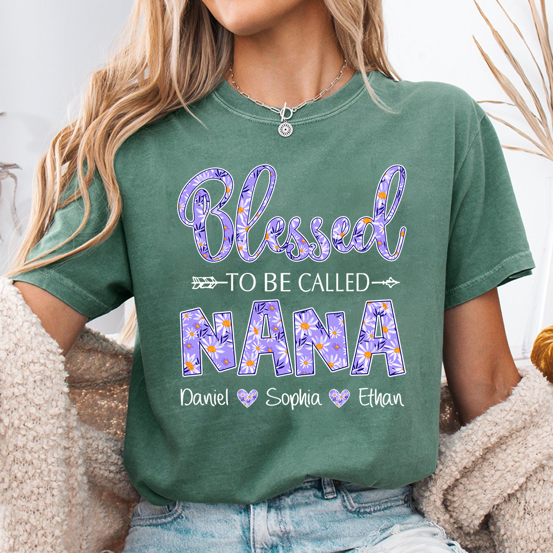 Blessed to Be Called Nana Shirt, Personalized Grandma T Shirt with Grandkids Names, Purple Floral Design