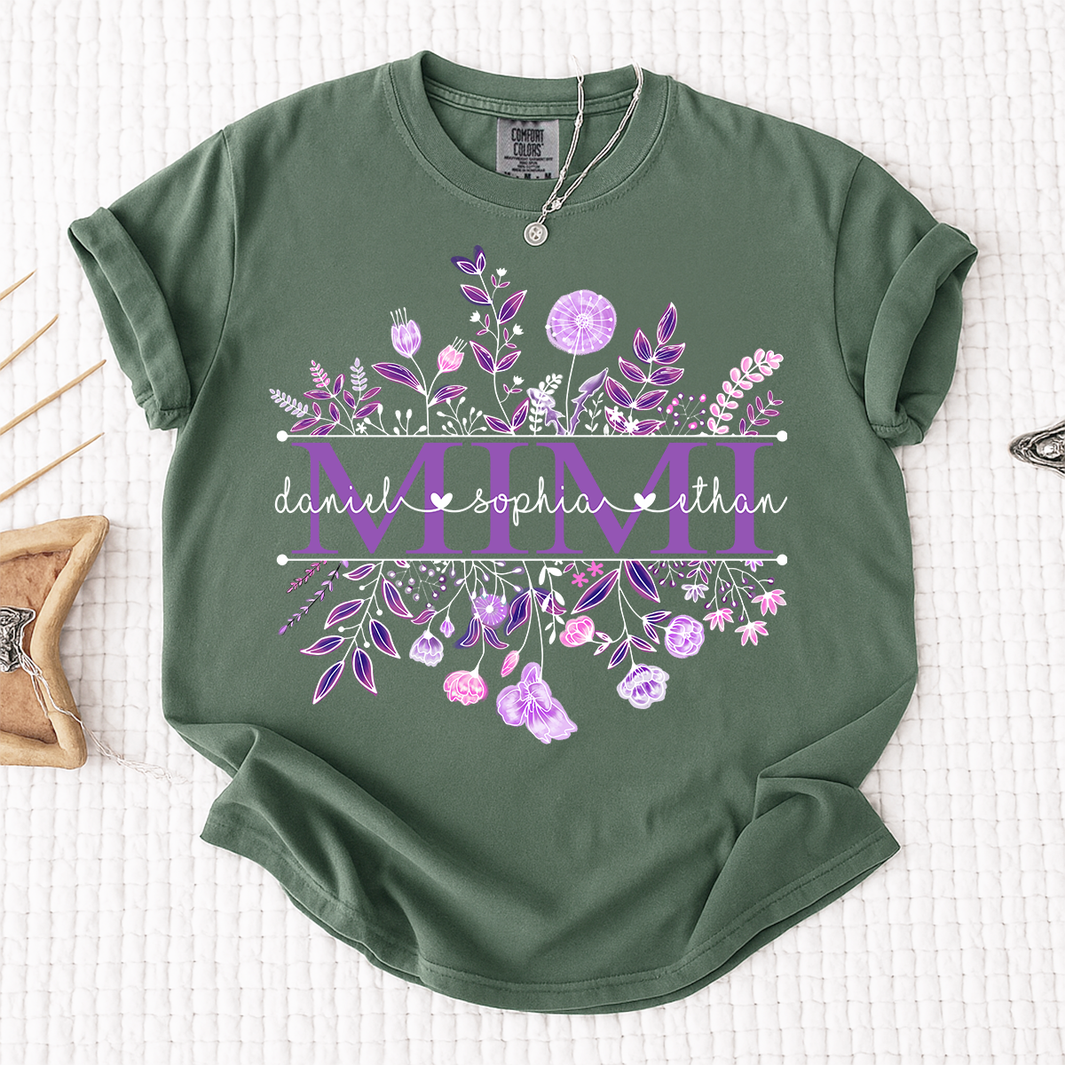 Comfort Colors Personalized MIMI T Shirt, Customizable with Family Names, Stunning Floral Design with Purple Flowers