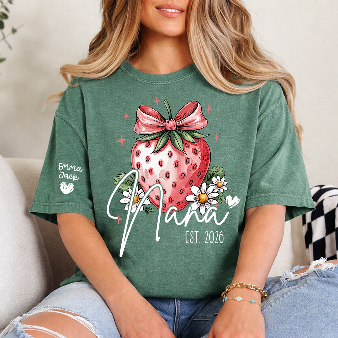 Mimi Strawberry Shirt, Cute Bow Floral Graphic Tee, Personalized Grandma T Shirt, Gift for Mimi from Family