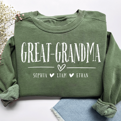Personalized Great-Grandma Heart Sweatshirt, Customized Gifts for Grandma and Kids