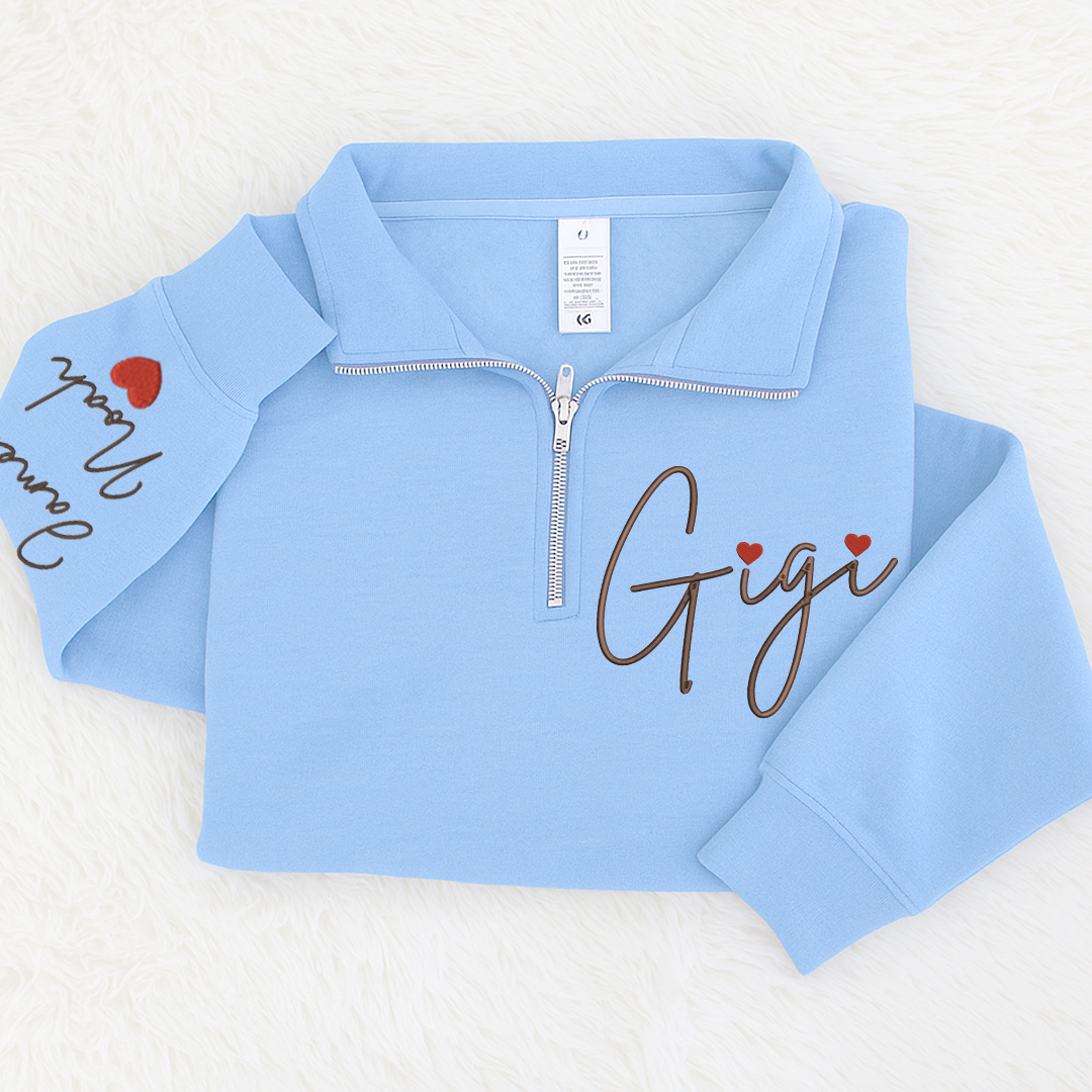 Gigi Heart Embroidered Quarter Zip, Personalized Name Sweater for Grandma