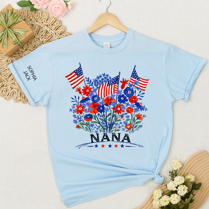 Personalized Nana Shirt Patriotic Floral American Flag Design Custom Grandma Mimi Gigi Name Tee with Grandkids Names Family 4th of July Outfit