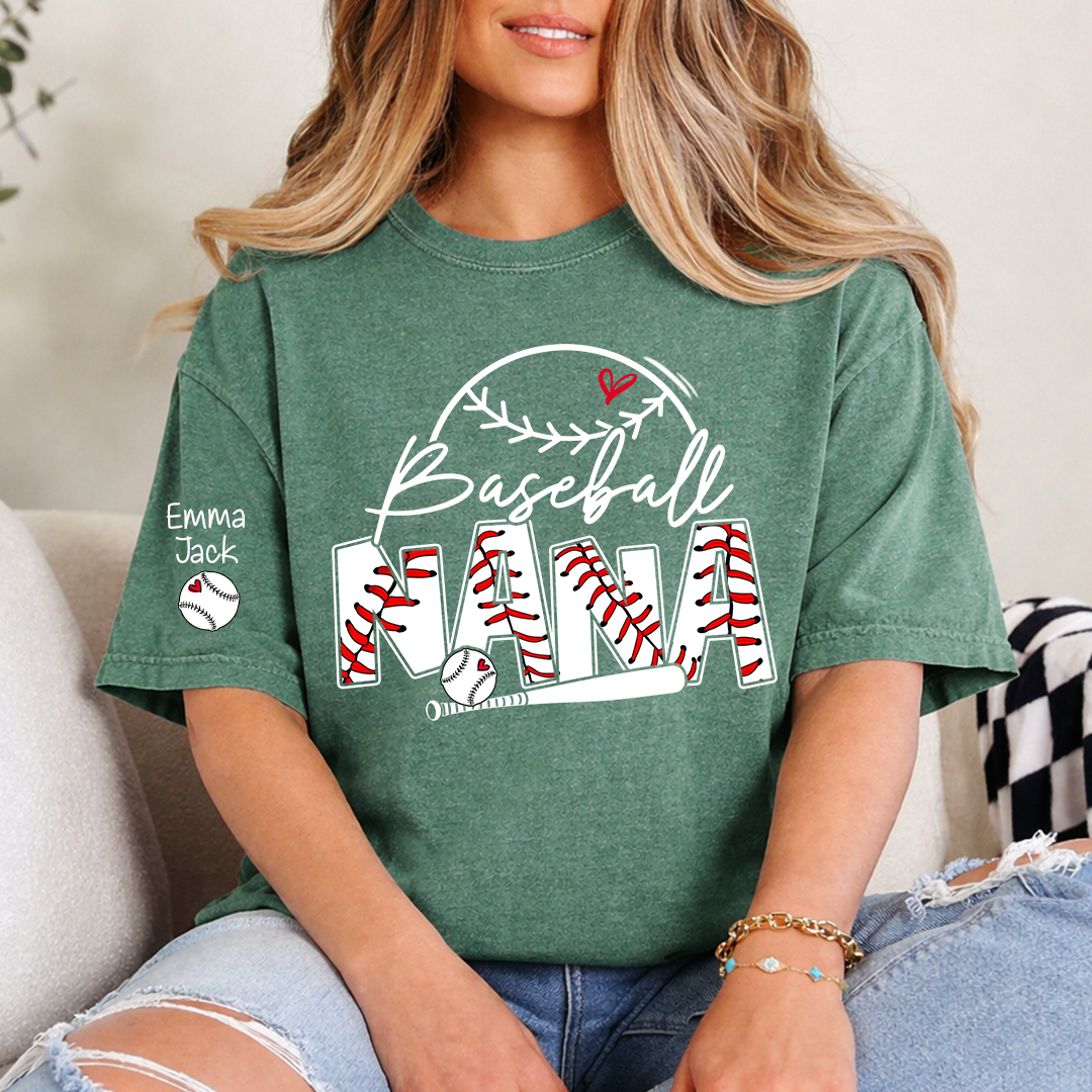 Baseball Nana Shirt Personalized with Grandkids Names, Sports Heart and Bat Family T Shirt