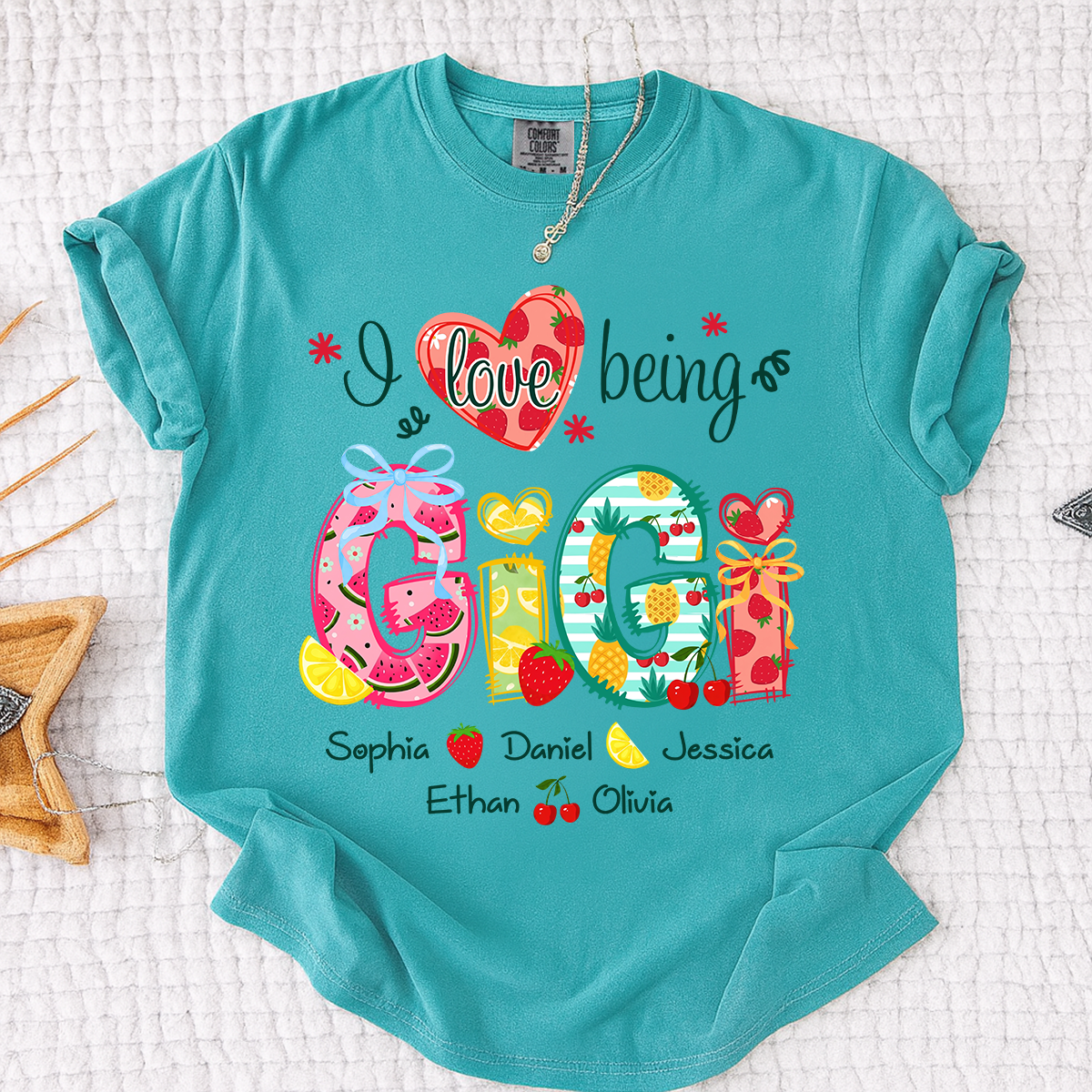 Comfort Colors I Love Being Gigi Shirt with Names, Personalized Fruit Pattern T-Shirt for Grandma, Summer Family Apparel
