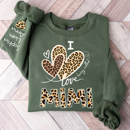 I Love Mimi Sweatshirt with Leopard Heart Design, Personalized Family Crewneck for Valentine