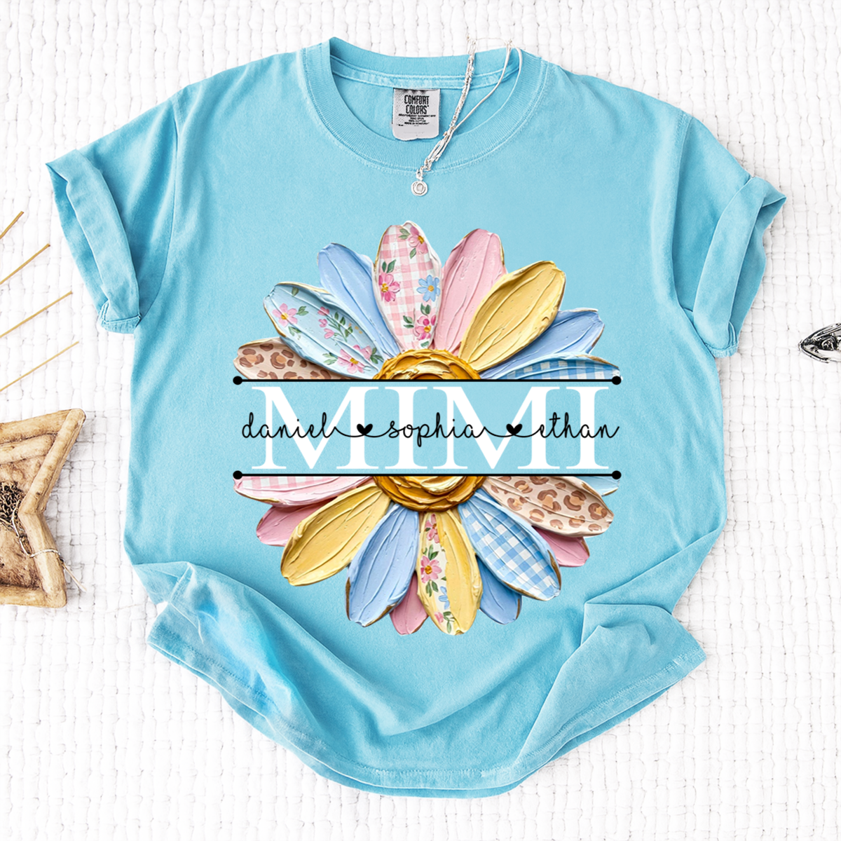 Comfort Mimi Floral Shirt, Custom Grandkids Names with Colorful Patchwork Daisy Design