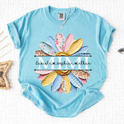 Comfort Mimi Floral Shirt, Custom Grandkids Names with Colorful Patchwork Daisy Design