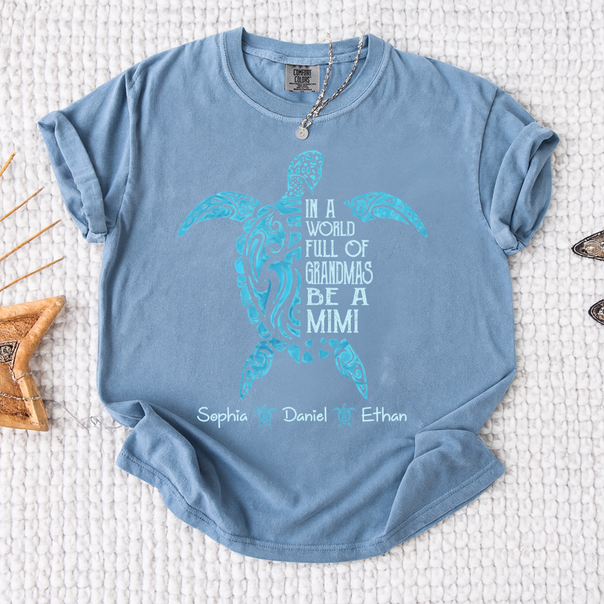 Comfort Colors In A World Full Of Grandmas Be A Mimi Shirt – Personalized Sea Turtle Graphic Tee, Custom Kids Names Gift for Mimi