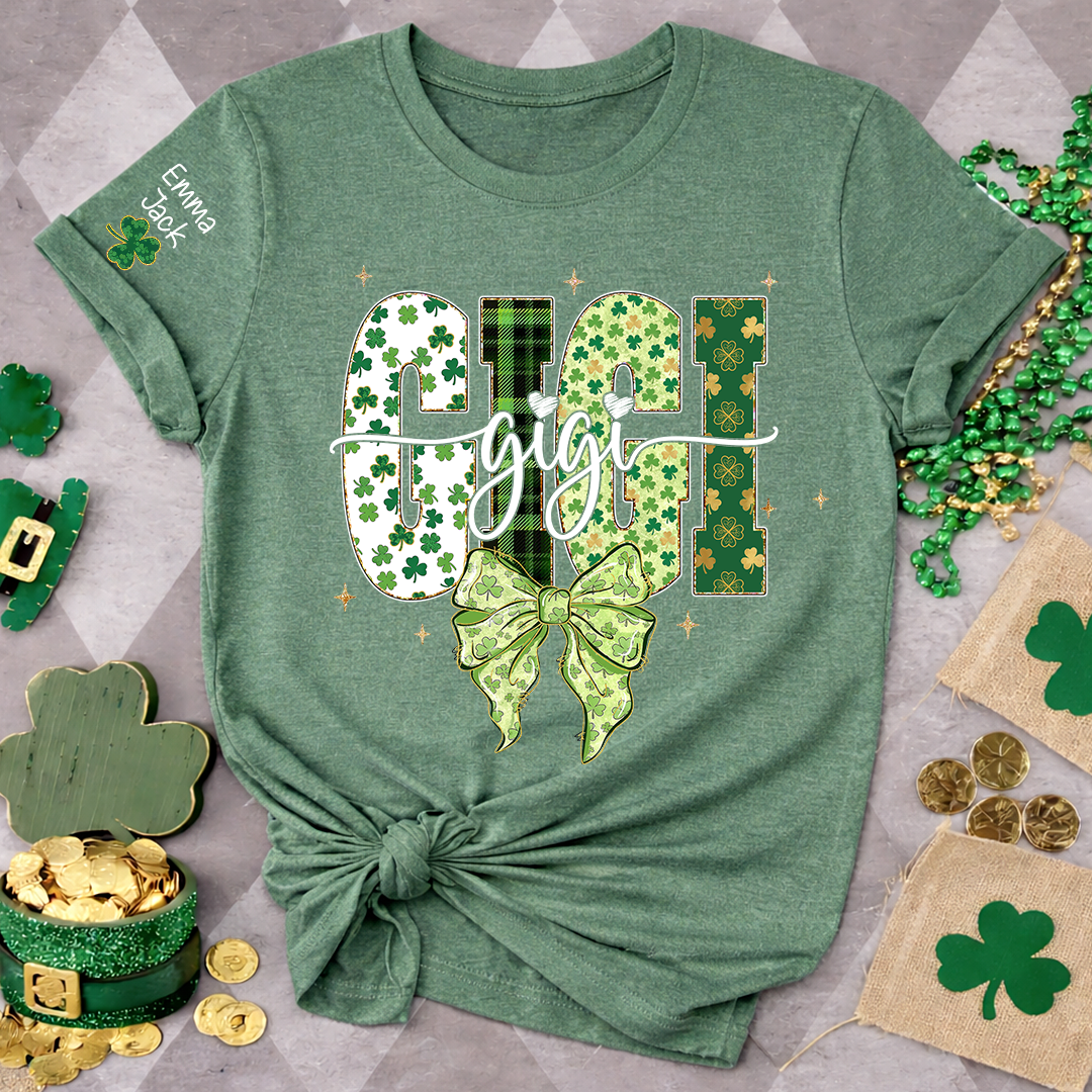 Gigi St Patrick’s Day Shirt, Shamrock Bow Green Family,T-Shirt For Gift Grandma And Kids