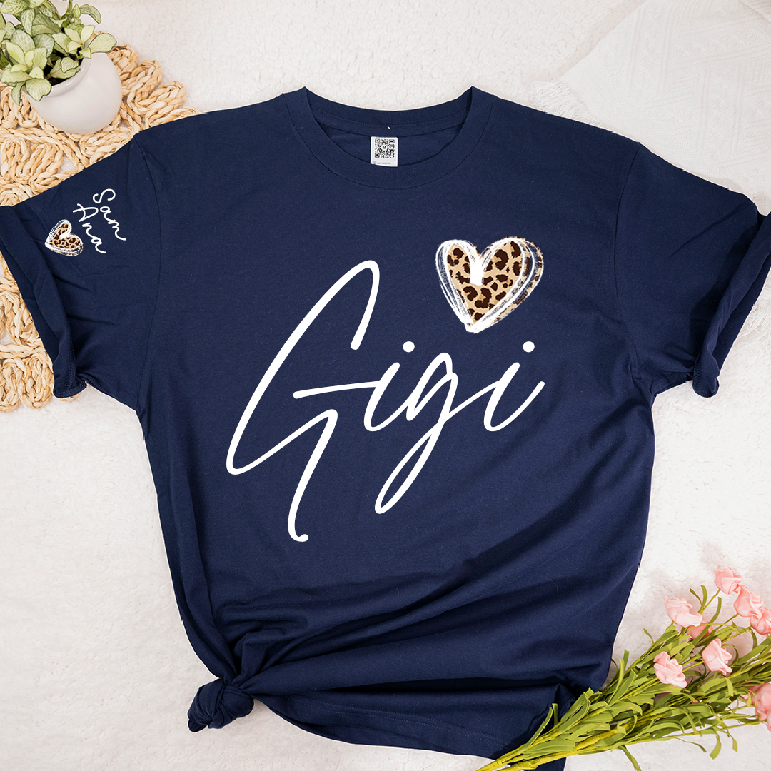 Personalized Gigi Heart Leopard Print T-shirts Custom Family T-Shirt with Heart Shape and Name