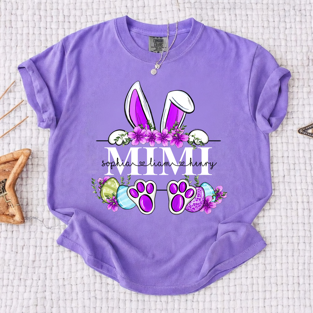 Comfort Colors Personalized Easter Bunny T-shirt | Custom Name Design for Mimi, Grandma, & Mom | Floral Easter Shirt with Bunny Ears and Paw Prints
