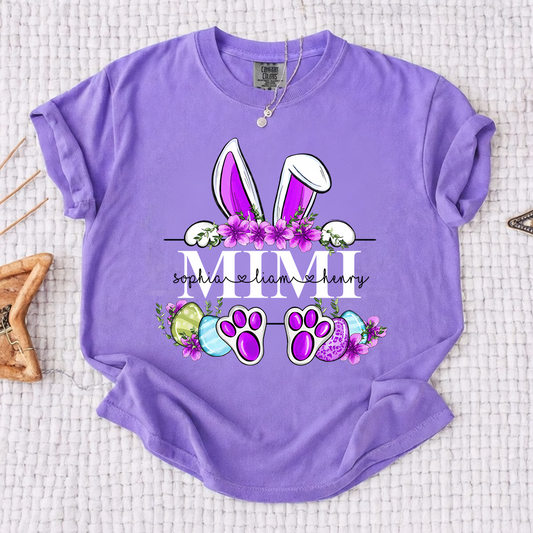 Comfort Colors Personalized Easter Bunny T-shirt | Custom Name Design for Mimi, Grandma, & Mom | Floral Easter Shirt with Bunny Ears and Paw Prints