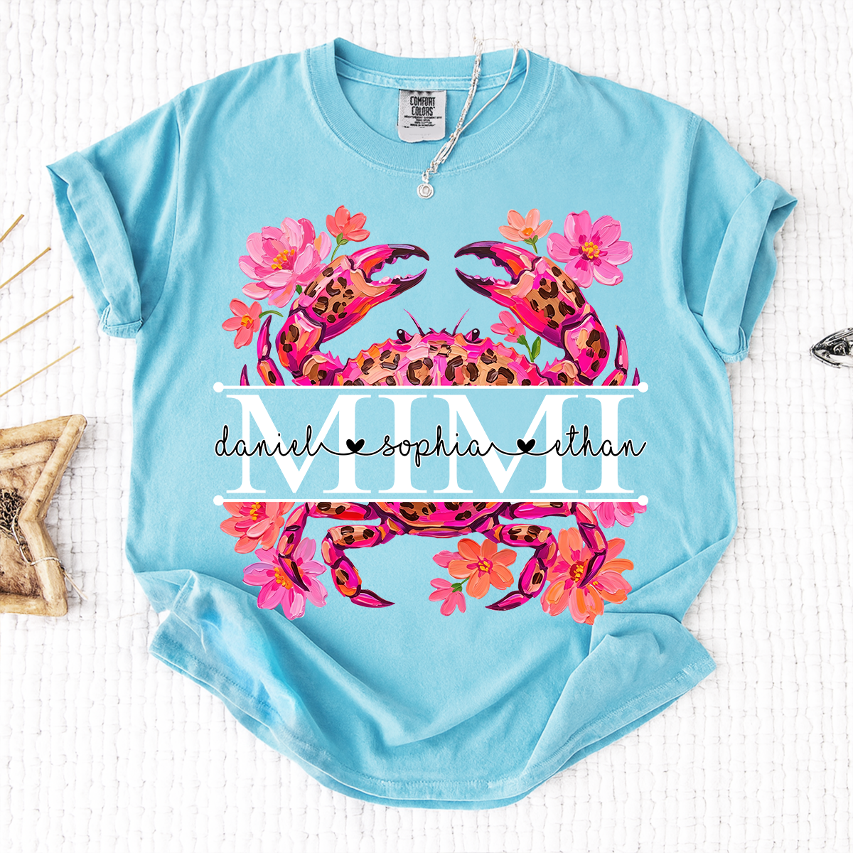 Comfort Colors® Personalized Mimi Crab Shirt with Grandkids Names, Custom Grandma Tee, Floral Leopard Beach Design T Shirt for Mimi Gift