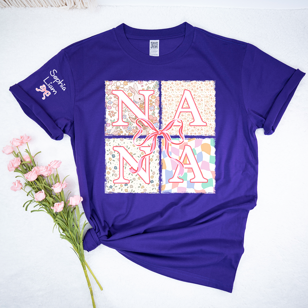 Personalized Nana Easter Shirt, Custom Grandma Shirt With Grandkids Names, Floral Bunny Patchwork Design