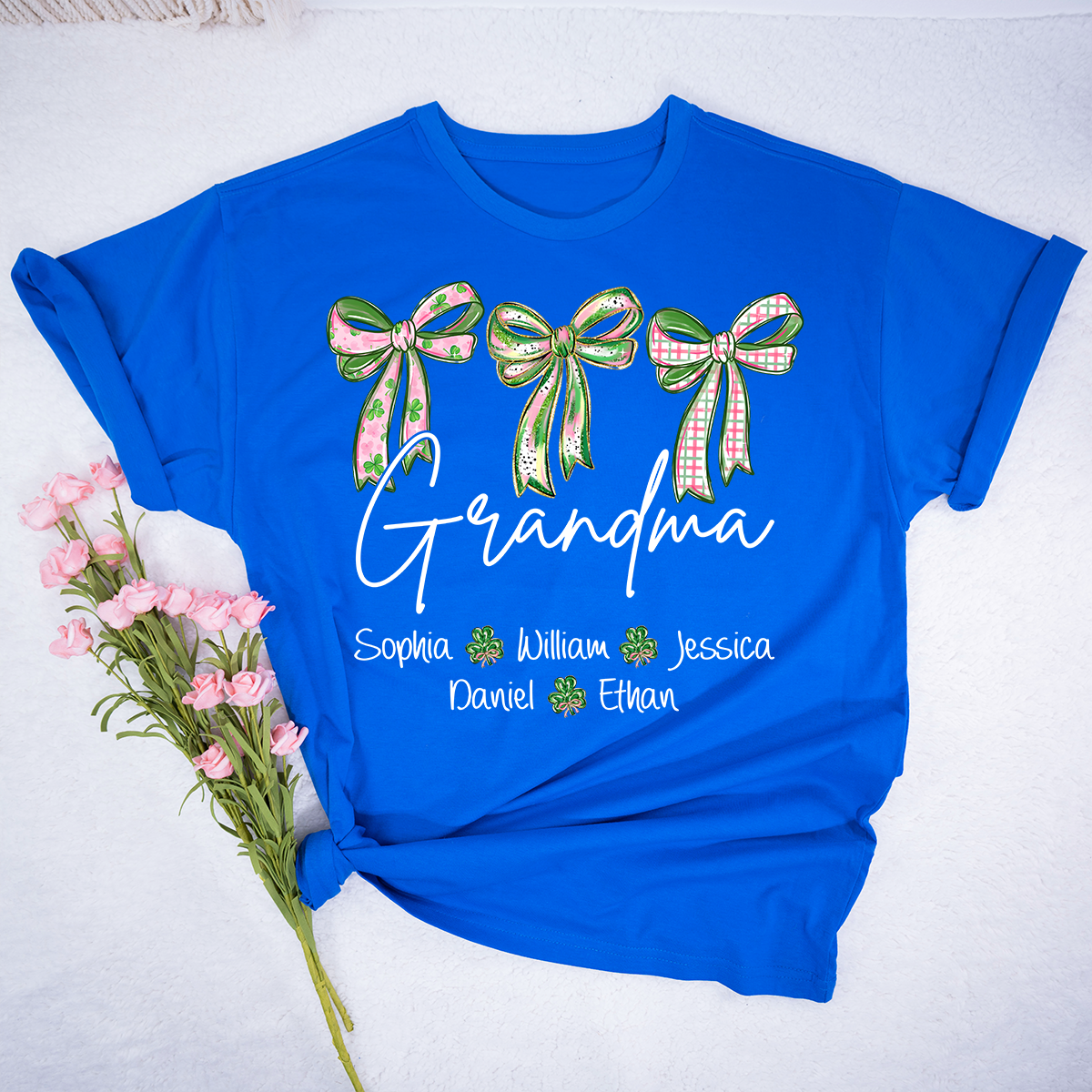 Lucky Grandma Personalized Shirt, Shamrock and Bow St Patrick Day Theme, Custom Names Family Shirt for Grandma