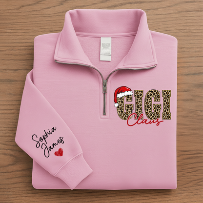 Gigi Claus Leopard Christmas Quarter Zip – Custom Name Sweatshirt Gift For Grandma