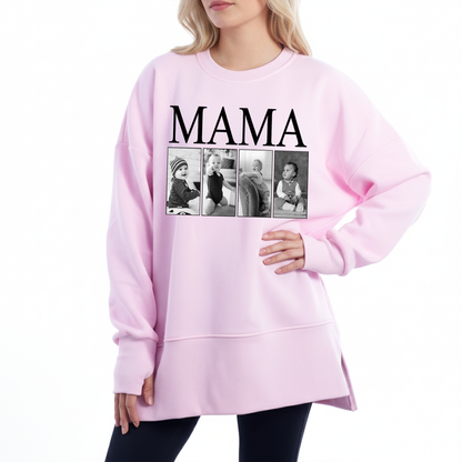 Custom MAMA Photo Sweatshirt – Personalized Oversized Pullover with Kids Pictures, Cozy Thumbhole Long Sleeve for Women