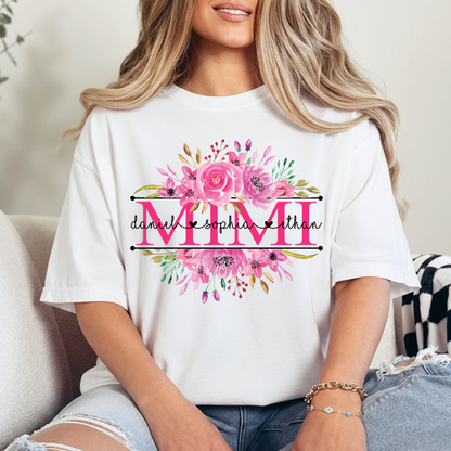 Custom Mimi T Shirt, Grandkids Names with Floral Rose Design Family Gift