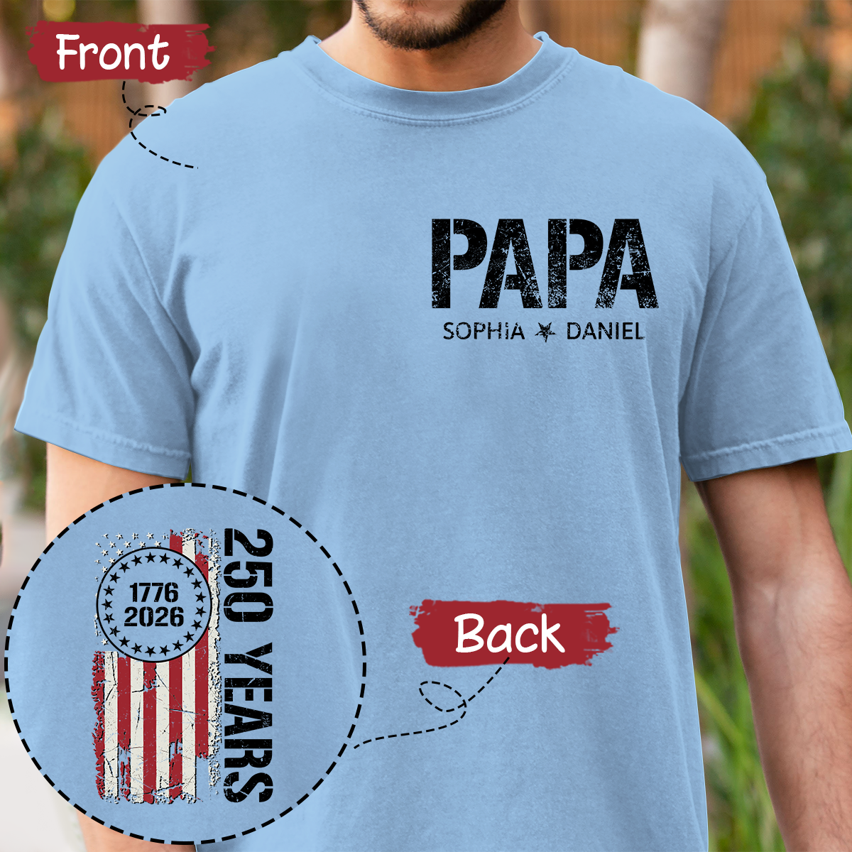 Personalized Papa T Shirt, Custom Family Names with Patriotic 250 Years of America Design, Perfect Gift for Father's Day