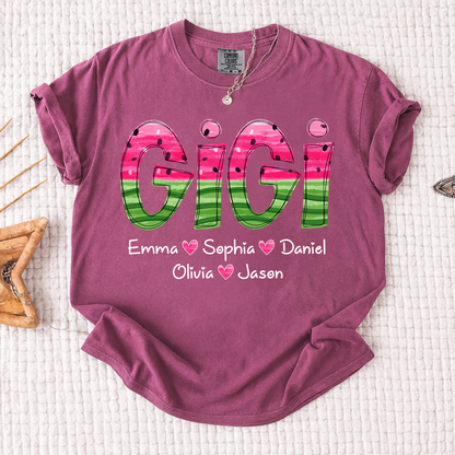 Comfort Colors Custom Gigi Grandma Shirt, Personalized Kids Names Watermelon Graphic Tee, Cute Summer Gift for Nana Mimi Grammy