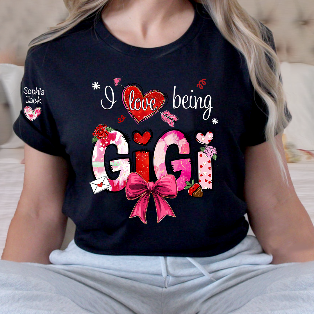 Personalized I Love Being A Nana Valentine's Day T-shirt Cute bows And Strawberries, Gifts for Grandma And Children
