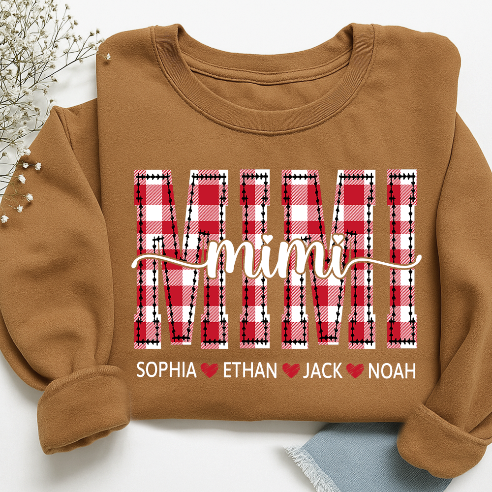 Personalized Gigi Grandma Sweatshirt, Plaid Holiday Shirt with Grandchildren Names