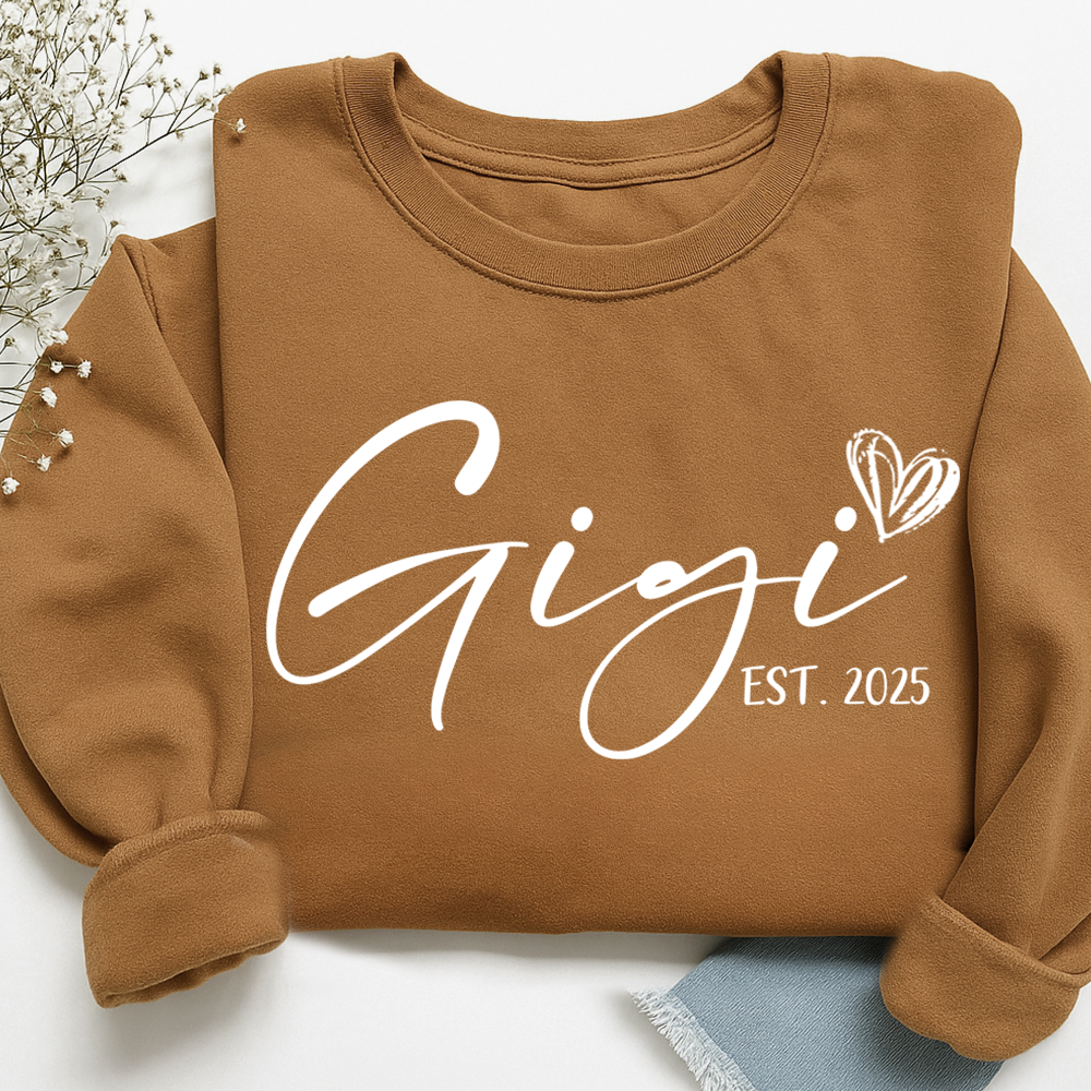 Gigi Est. 2025 Sweatshirt, Personalized Grandma Announcement Tee